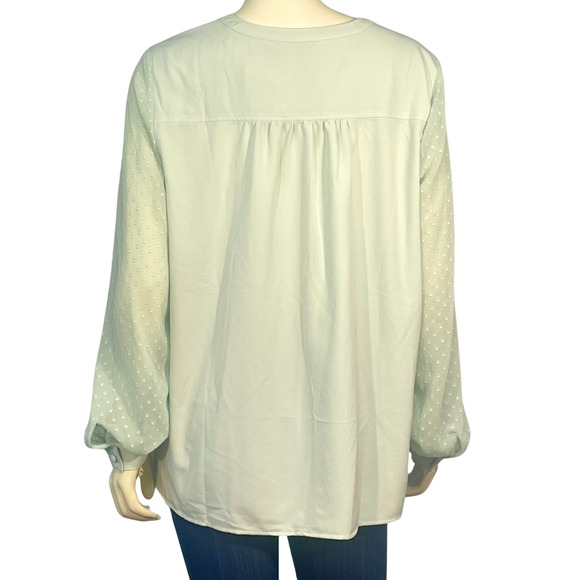 Isaac Mizrahi Live QVC Sz 16 Split V-Neck Blouse Sheer Puff Sleeves Mint Green - Picture 3 of 13